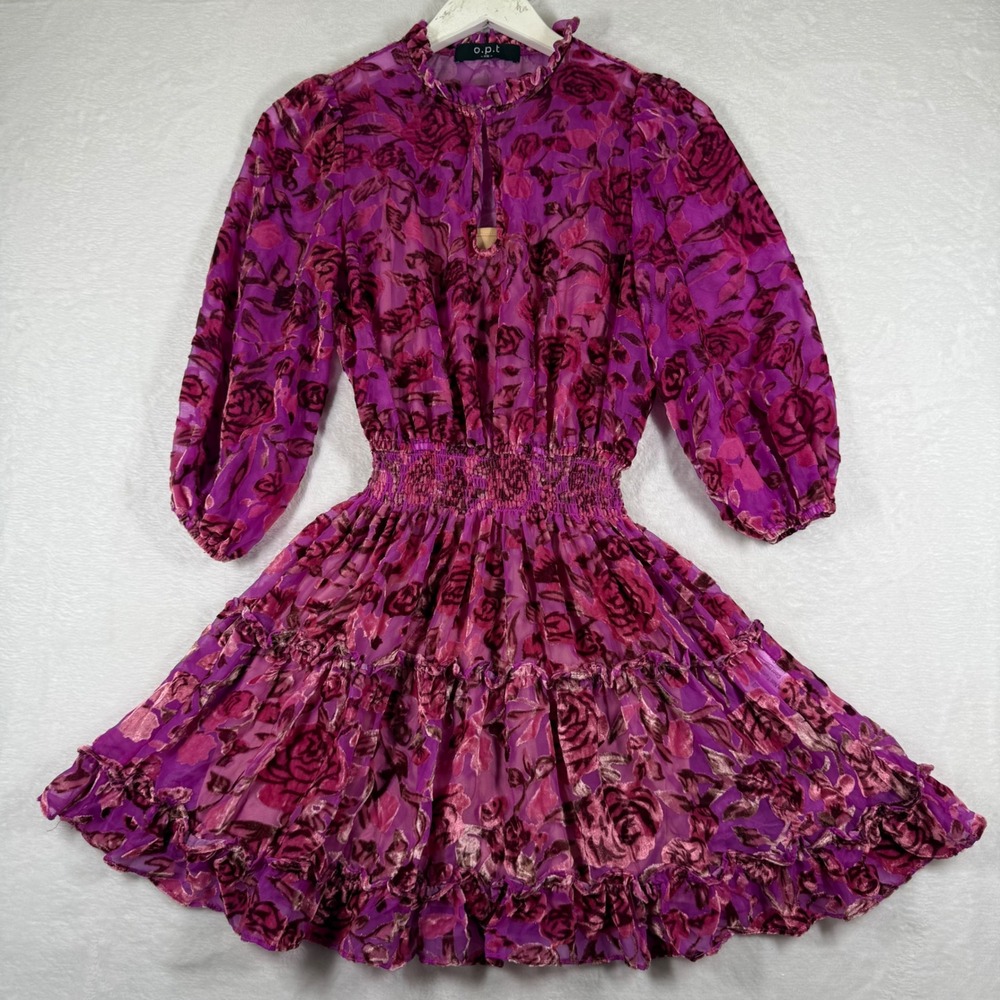 o.p.t Womens Floral Burnout Velvet Mini Dress Magenta Pink Smocked‎ Waist XS